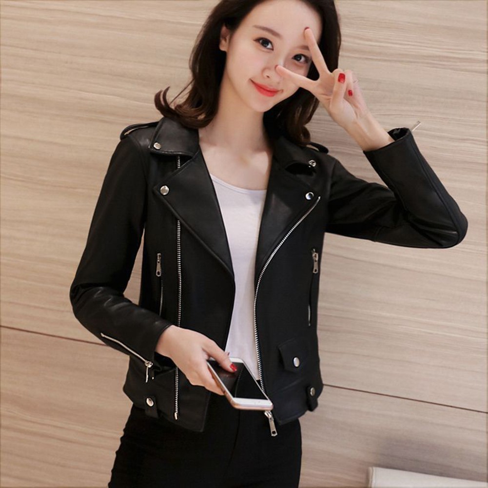 Faux Leather Jacket All-match Jacket Lapel Neck Jacket Motorcycle Jacket - Picture 9 of 9