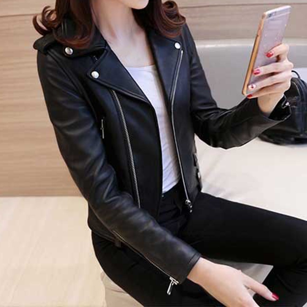 Faux Leather Jacket All-match Jacket Lapel Neck Jacket Motorcycle Jacket - Picture 7 of 9