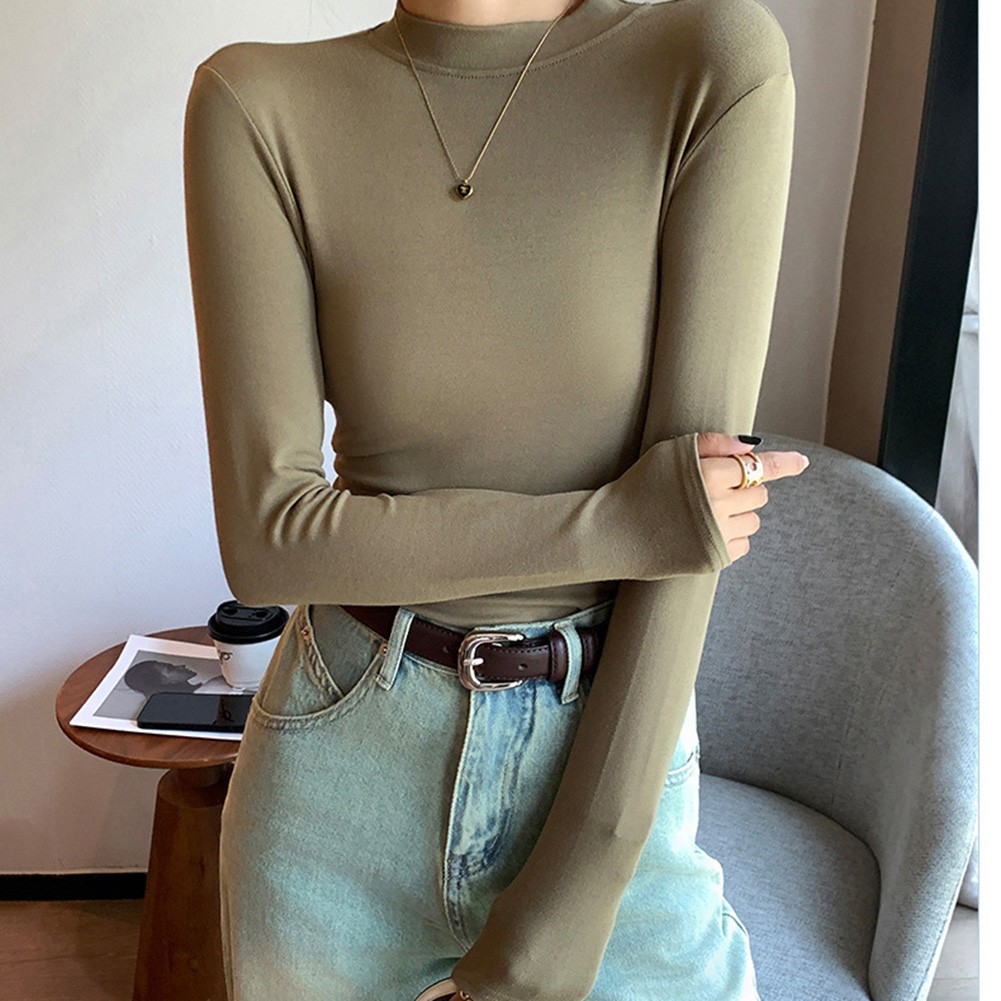 Half High Collar Womens Long Sleeve Base Shirt Solid Color Top for Vacation Use - Picture 13 of 16