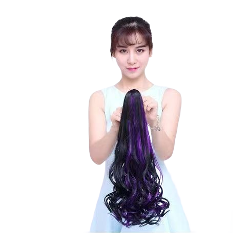 Clip On Ponytail Hair Extension 55cm Wavy Curly Style with Color Highlights