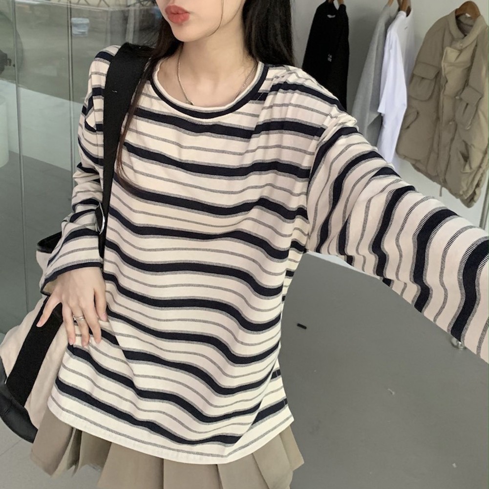 Korean Fashion Women’s Loose Striped Blouse Long Sleeve Crew Neck Streetwear