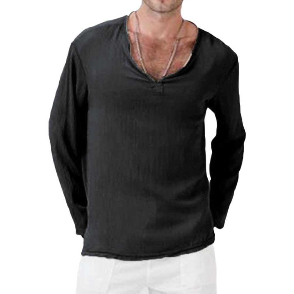Breathable Cotton Tees Long Sleeve V-neck Shirts Casual Outings Casual Wear - Picture 12 of 20