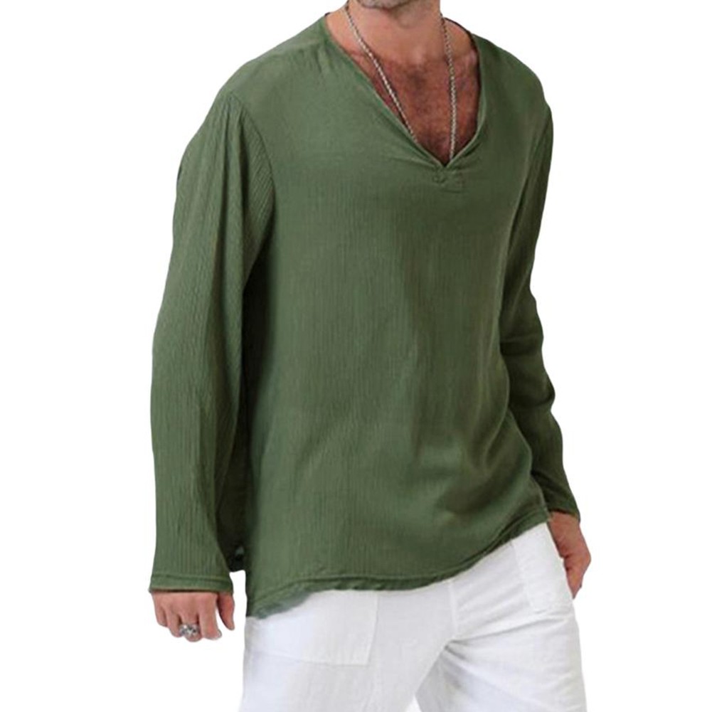 Breathable Cotton Tees Long Sleeve V-neck Shirts Casual Outings Casual Wear - Picture 18 of 20