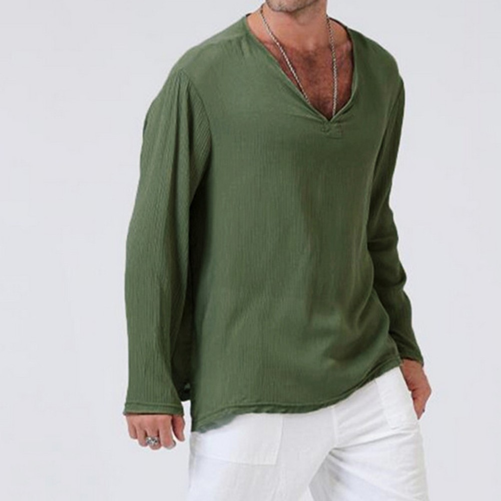 Breathable Cotton Tees Long Sleeve V-neck Shirts Casual Outings Casual Wear - Picture 17 of 20