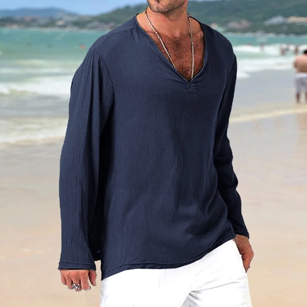 Breathable Cotton Tees Long Sleeve V-neck Shirts Casual Outings Casual Wear - Picture 16 of 20