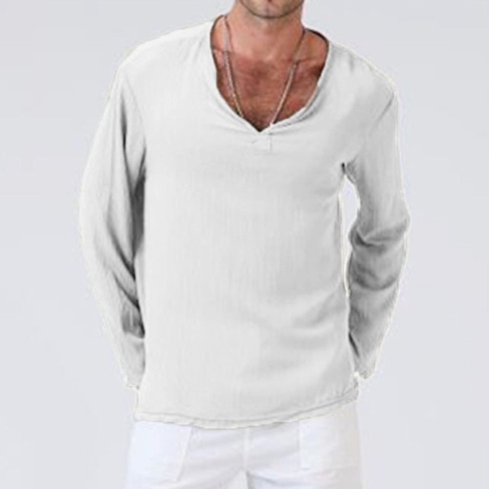 Breathable Cotton Tees Long Sleeve V-neck Shirts Casual Outings Casual Wear - Picture 9 of 20