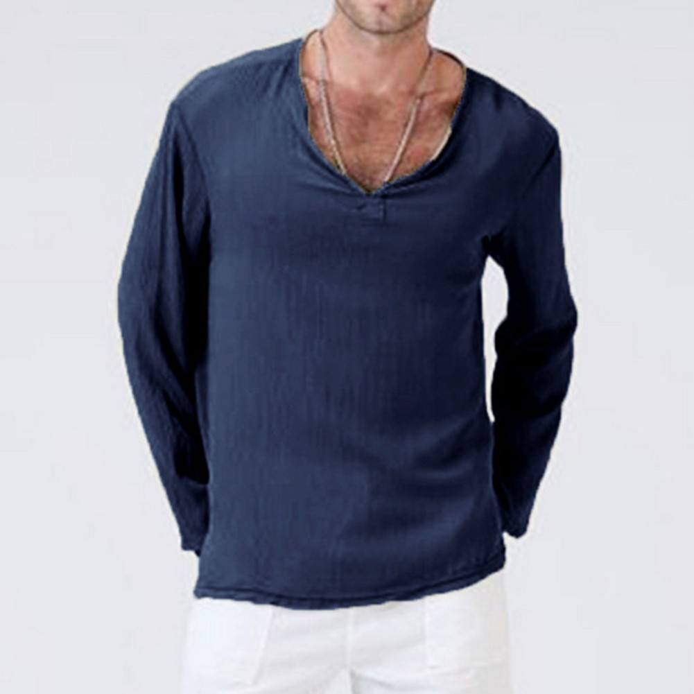 Breathable Cotton Tees Long Sleeve V-neck Shirts Casual Outings Casual Wear - Picture 14 of 20