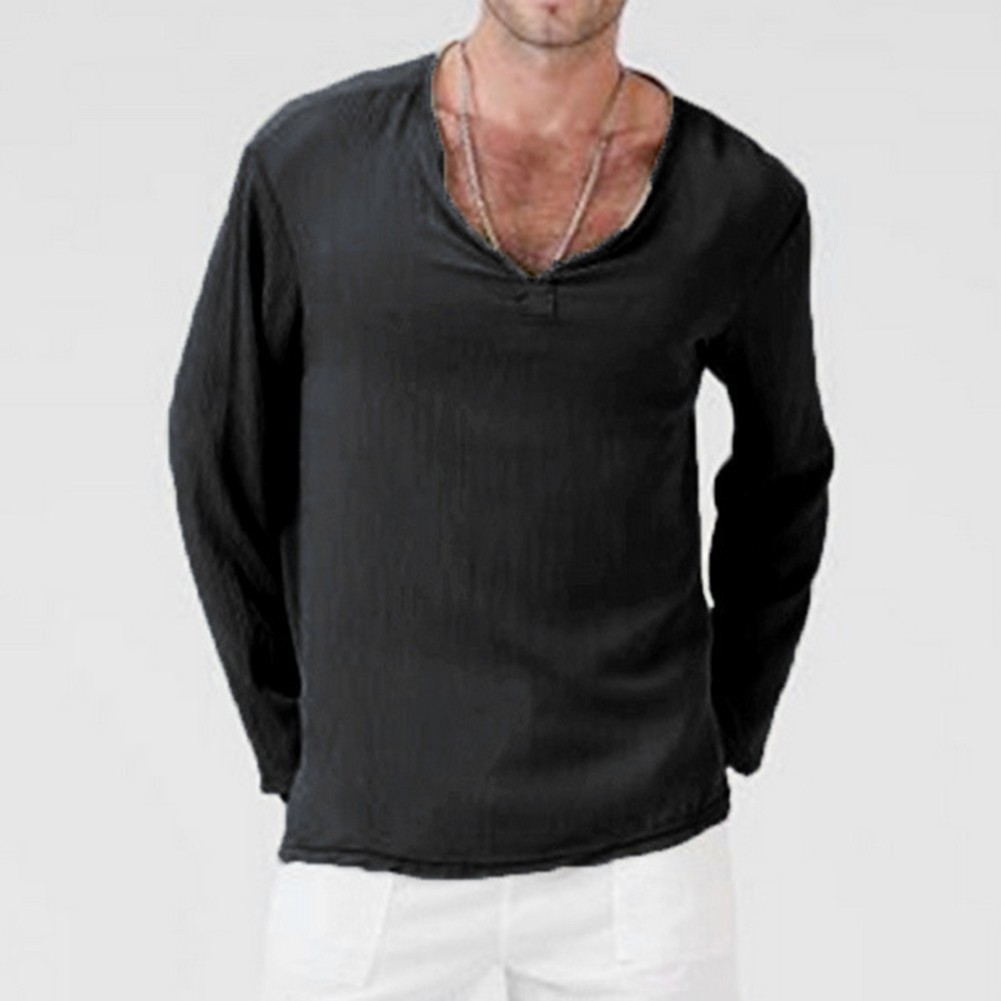 Breathable Cotton Tees Long Sleeve V-neck Shirts Casual Outings Casual Wear - Picture 11 of 20