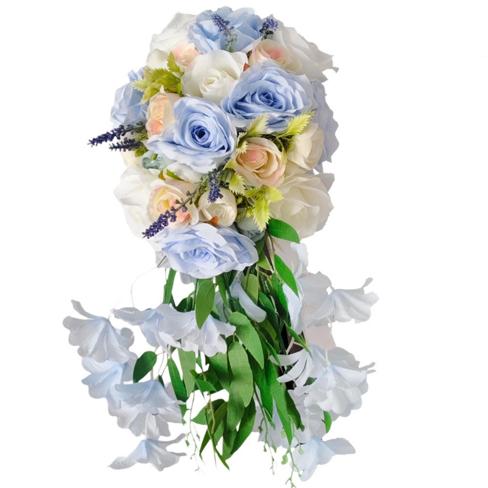 Cascading Bridal Bouquet Silk Roses Teardrop Style Wedding Floral Accessory