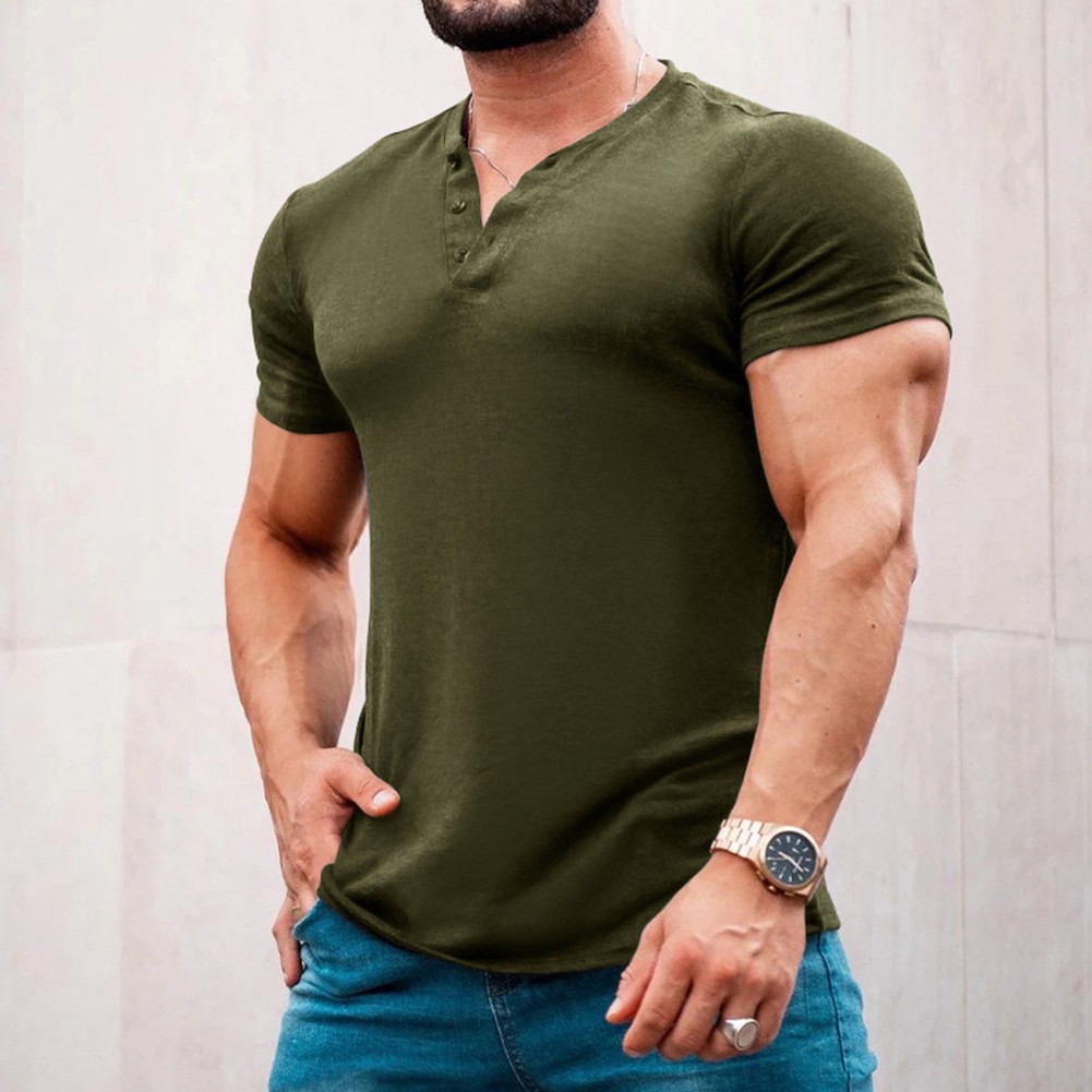 Women Solid Color Slim Fit Tshirt Button Design Round Neck Short Sleeve - Picture 7 of 10