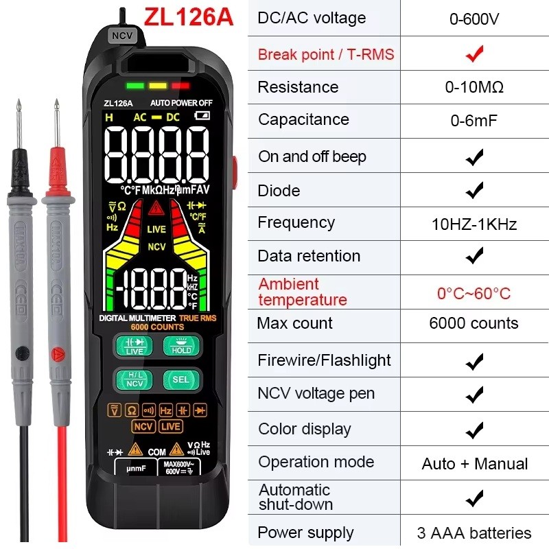 ZL126 ZL128 Digital Multimeter True RMS 9999 Count AC DC Voltage Current Meter