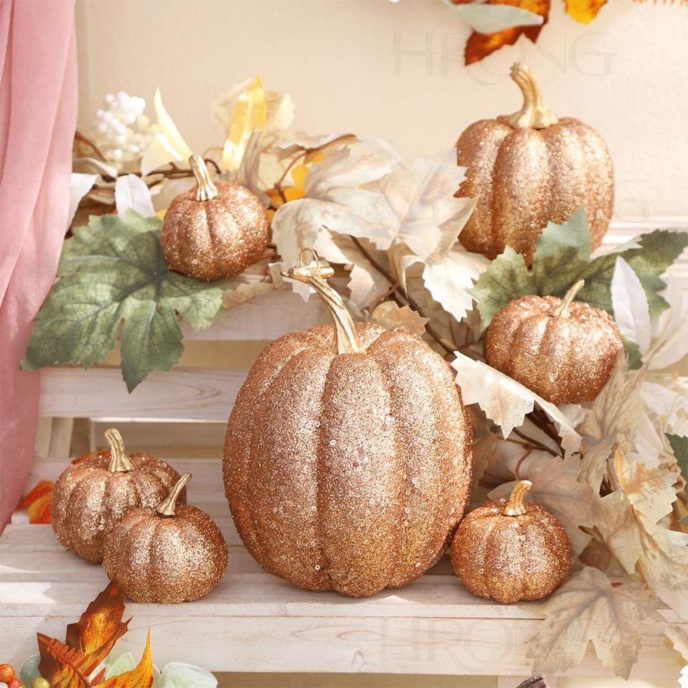 7PCS Gold Glitter Pumpkin Set for Halloween For Fall and Seasonal Decor
