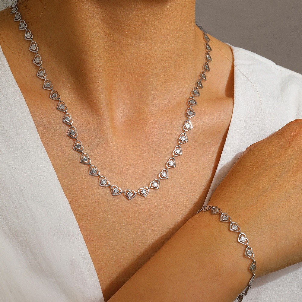 Adjustable Stainless Steel Heart Link Chain Double Layer Necklace and Bracelet - Picture 16 of 17