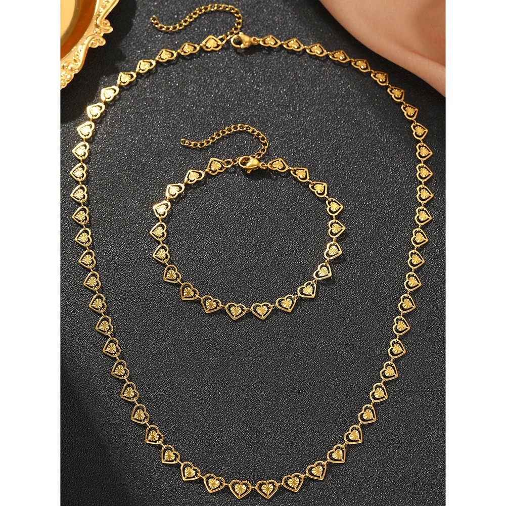 Adjustable Stainless Steel Heart Link Chain Double Layer Necklace and Bracelet - Picture 12 of 17