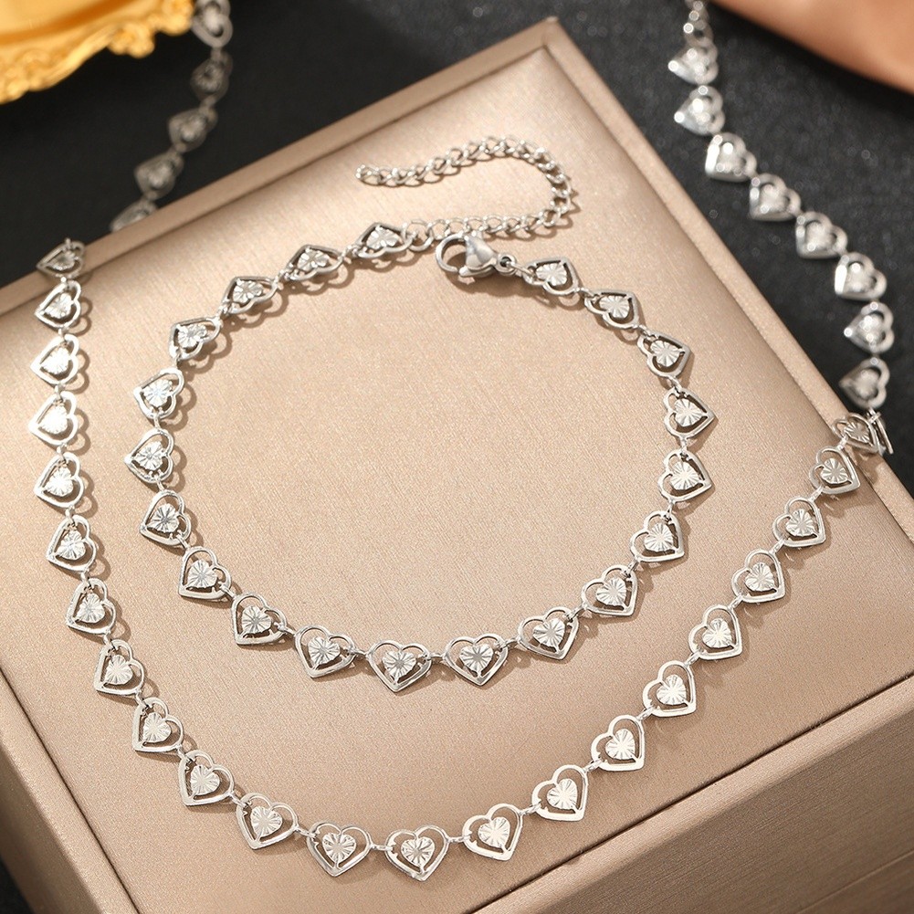 Adjustable Stainless Steel Heart Link Chain Double Layer Necklace and Bracelet - Picture 15 of 17