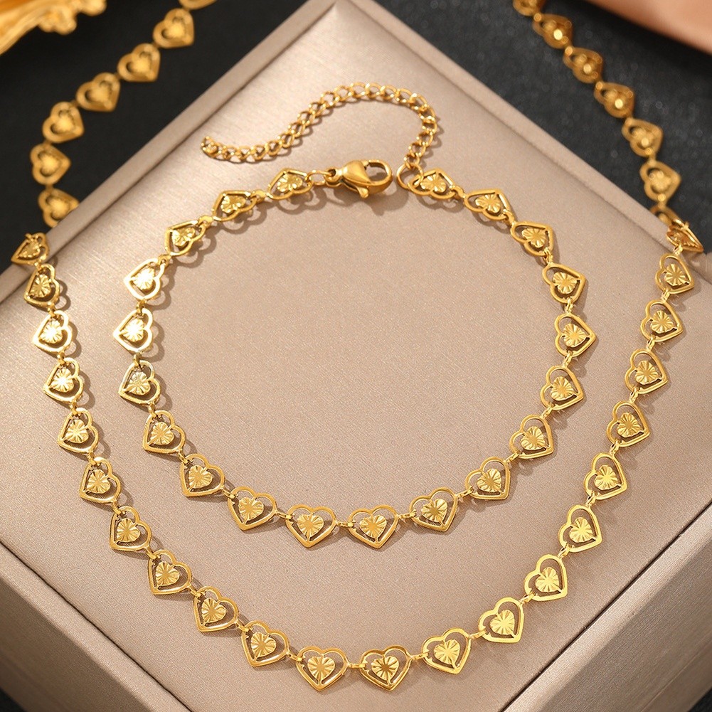Adjustable Stainless Steel Heart Link Chain Double Layer Necklace and Bracelet - Picture 10 of 17
