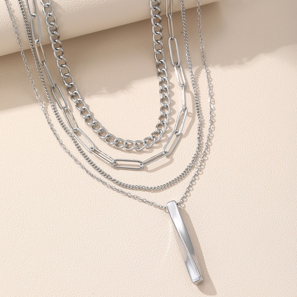 Verstellbare Lagenlook Kette Halskette Edelstahl mit geometrischem Stab und Fran - Picture 20 of 20