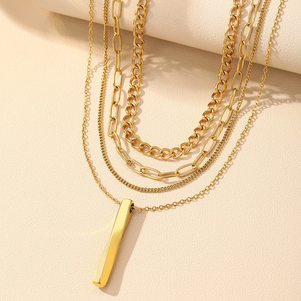 Verstellbare Lagenlook Kette Halskette Edelstahl mit geometrischem Stab und Fran - Picture 15 of 20