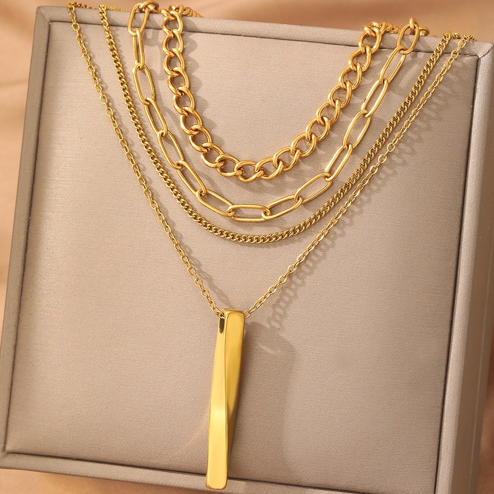 Verstellbare Lagenlook Kette Halskette Edelstahl mit geometrischem Stab und Fran - Picture 13 of 20