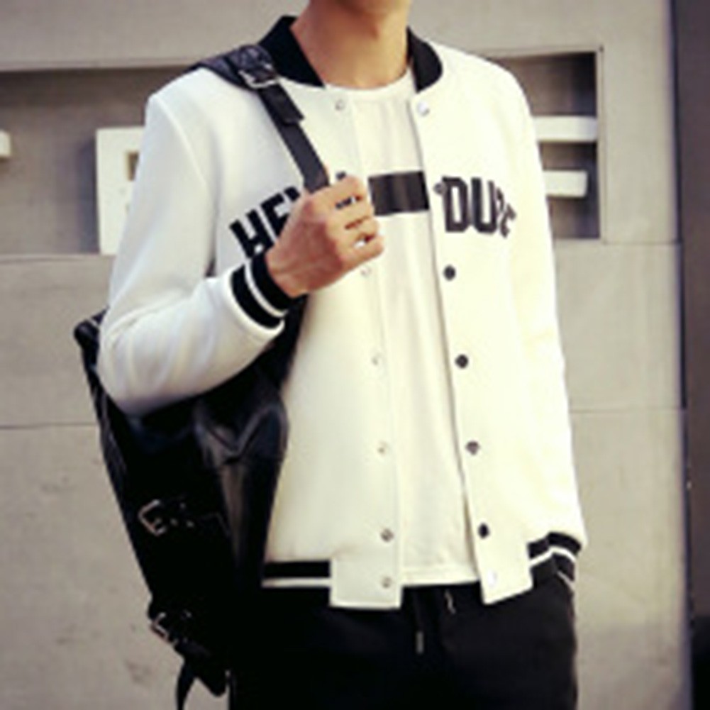 Korean Style Baseball Jacket for Men Slim Fit Letter Print Casual Wear - Picture 12 of 14