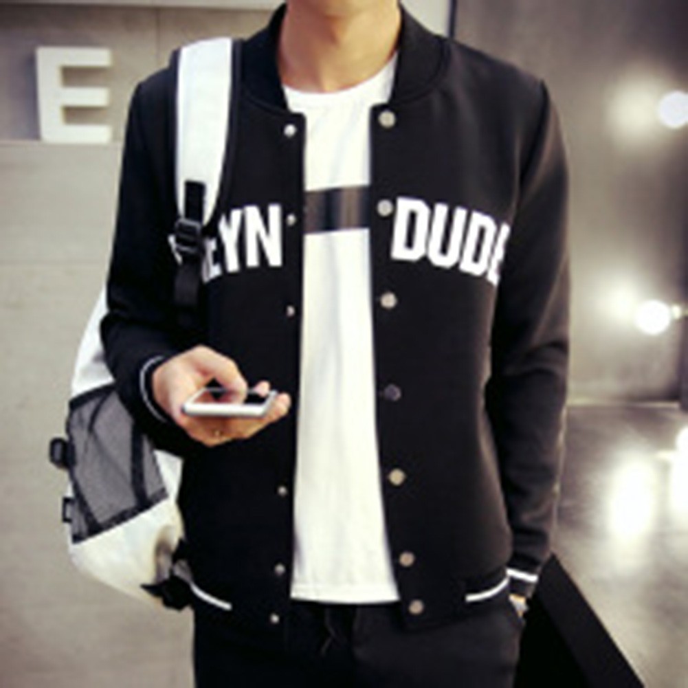 Korean Style Baseball Jacket for Men Slim Fit Letter Print Casual Wear - Picture 9 of 14
