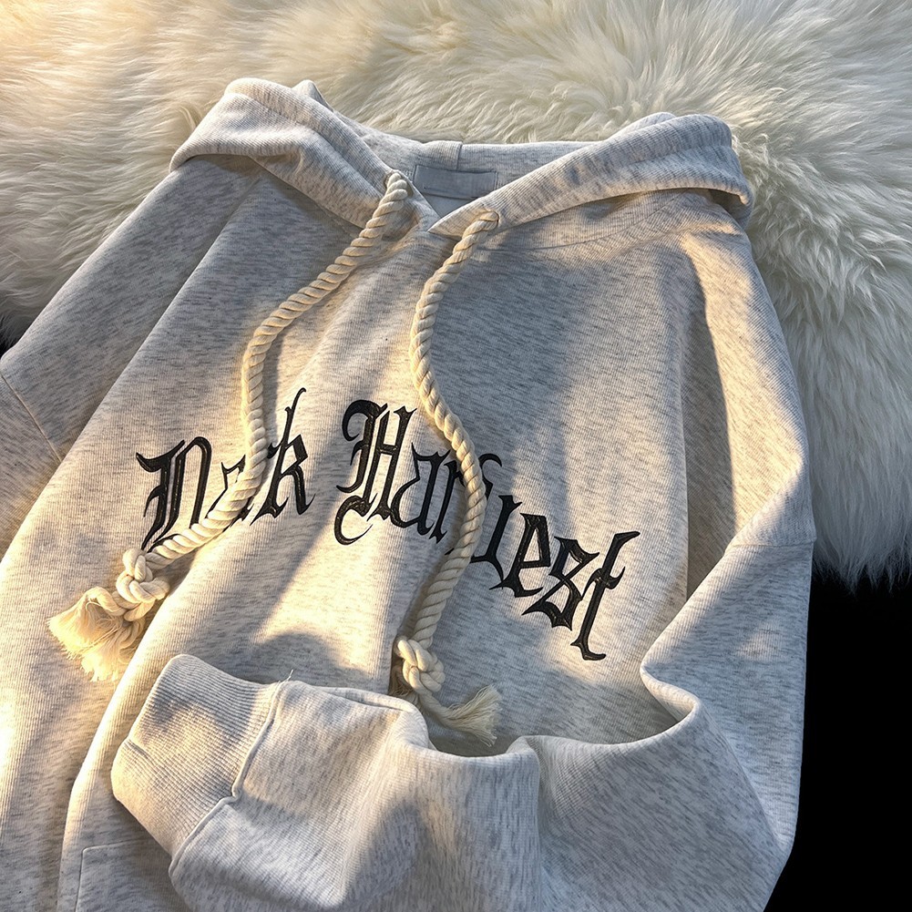 Men Korean Letter Print Plush Thick Hooded Loose Sweatshirt Hoodie Tops