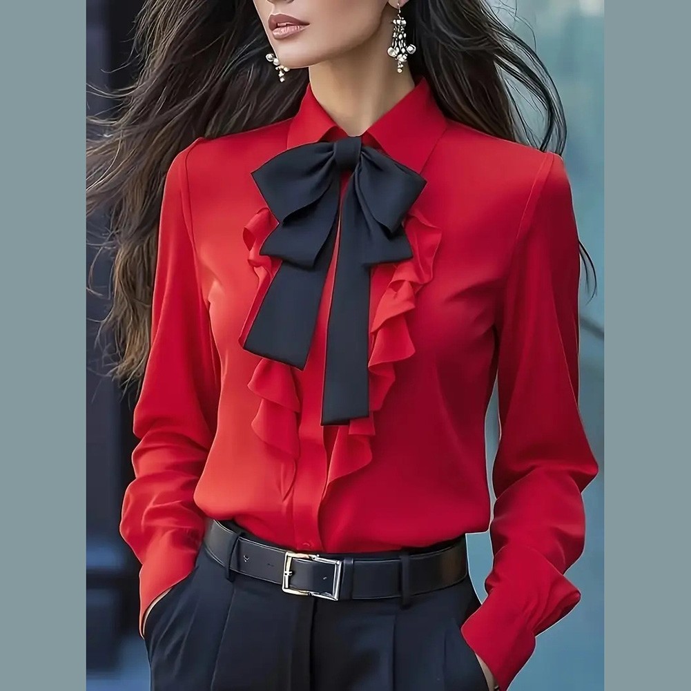Women's Long Sleeve Business Blouses with Bow Decoration Casual Workwear Shirts - Picture 11 of 14