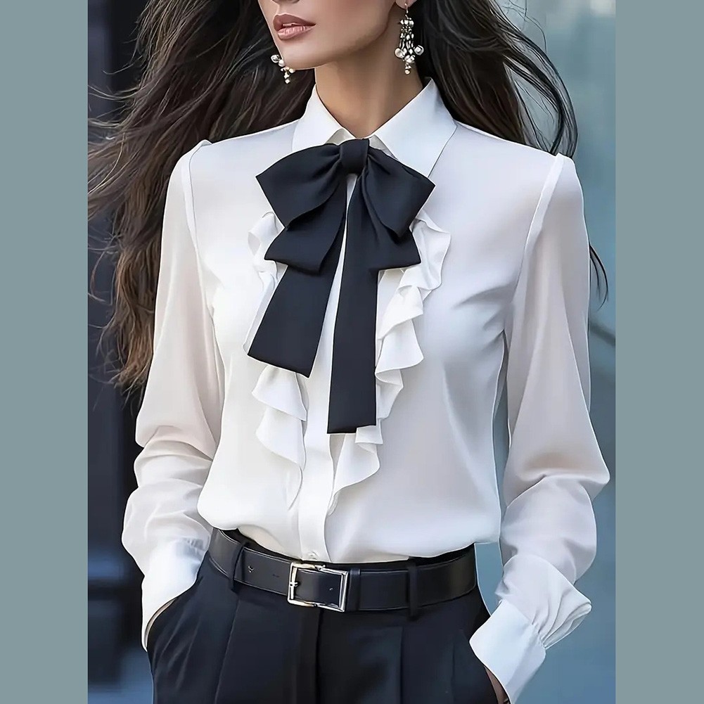 Women's Long Sleeve Business Blouses with Bow Decoration Casual Workwear Shirts - Picture 7 of 14