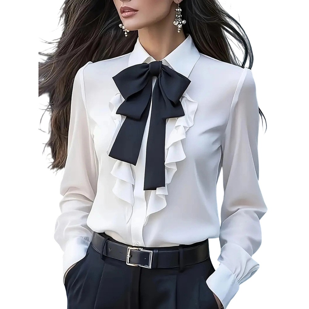 Women's Long Sleeve Business Blouses with Bow Decoration Casual Workwear Shirts - Picture 8 of 14
