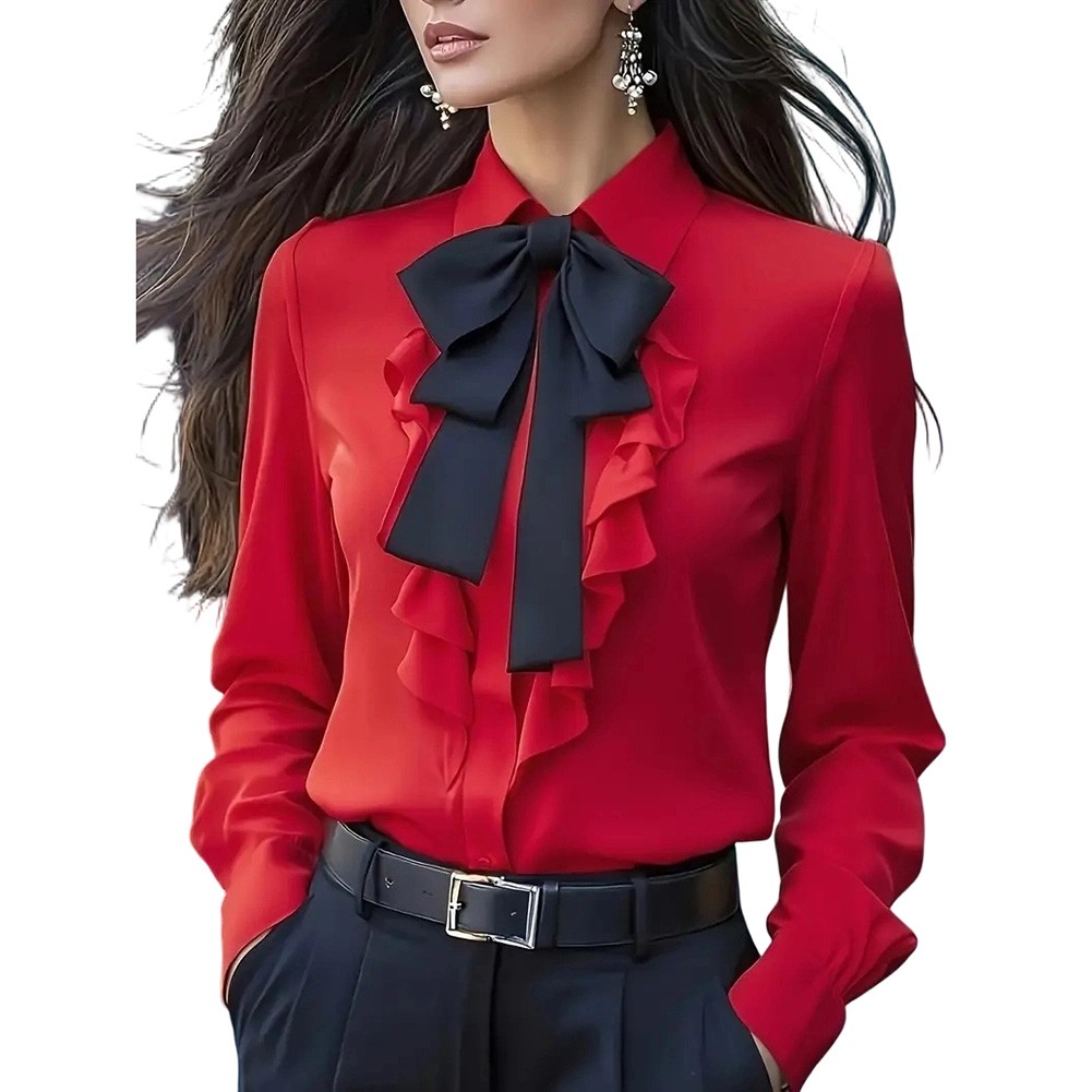 Women's Long Sleeve Business Blouses with Bow Decoration Casual Workwear Shirts - Picture 12 of 14