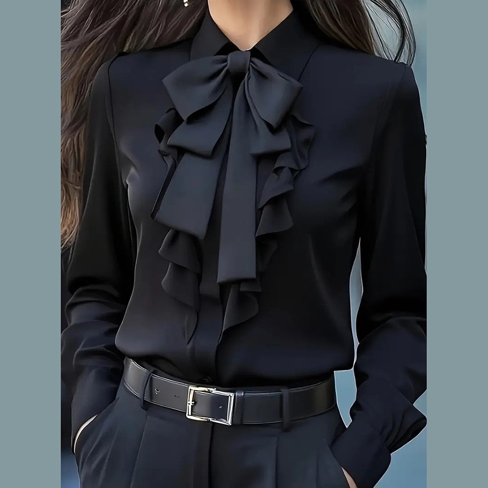 Women's Long Sleeve Business Blouses with Bow Decoration Casual Workwear Shirts - Picture 9 of 14