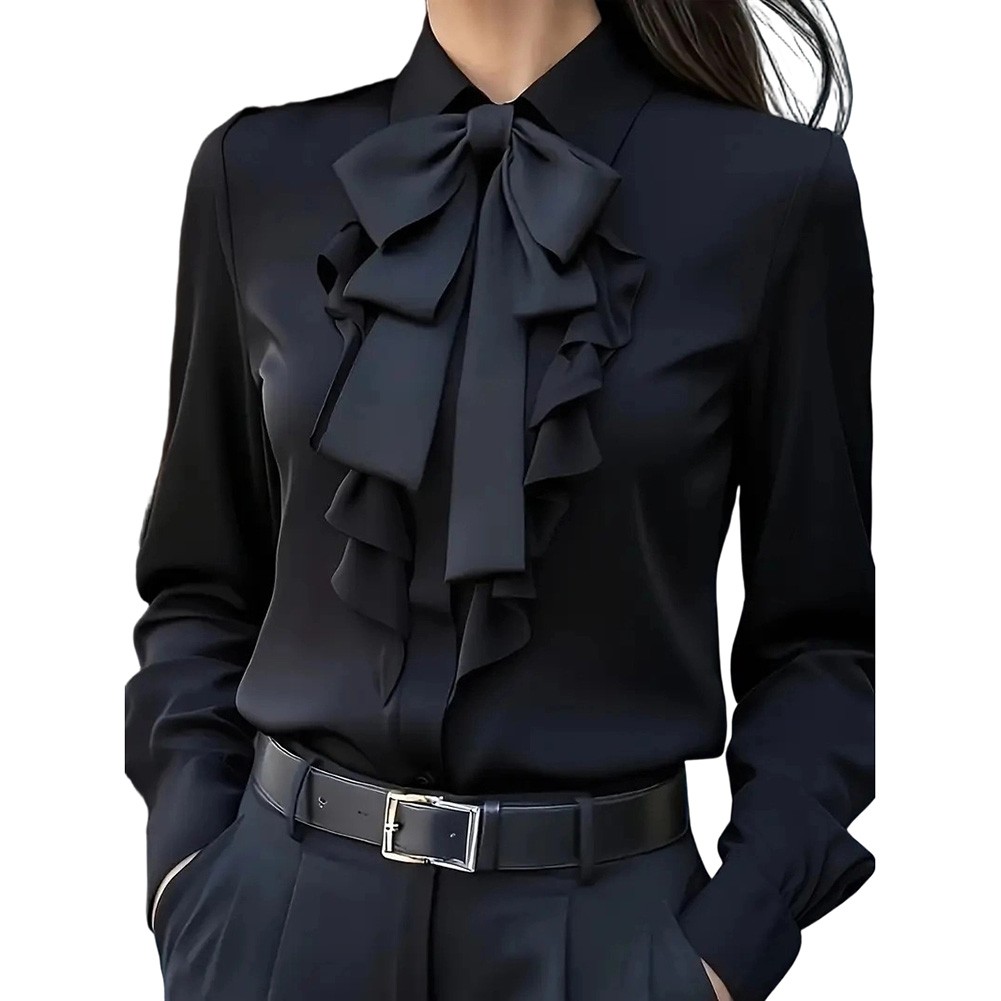 Women's Long Sleeve Business Blouses with Bow Decoration Casual Workwear Shirts - Picture 10 of 14