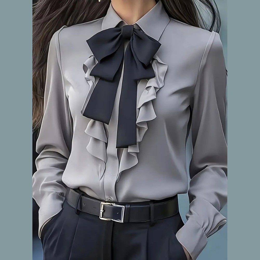 Women's Long Sleeve Business Blouses with Bow Decoration Casual Workwear Shirts - Picture 13 of 14