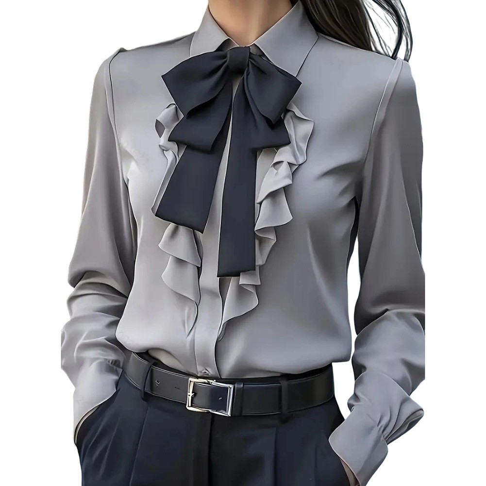 Women's Long Sleeve Business Blouses with Bow Decoration Casual Workwear Shirts - Picture 14 of 14