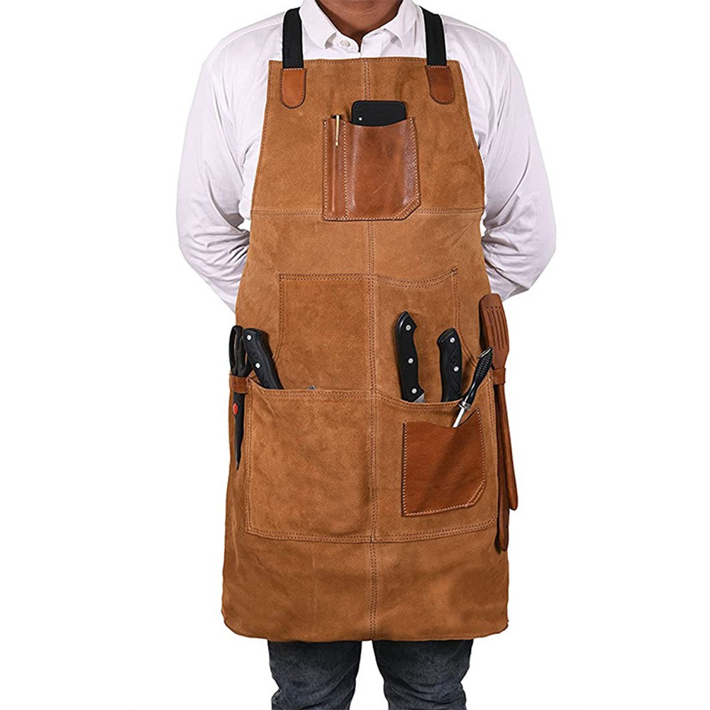 Adjustable doublesided fleece apron with PU leather contrast pockets for tools