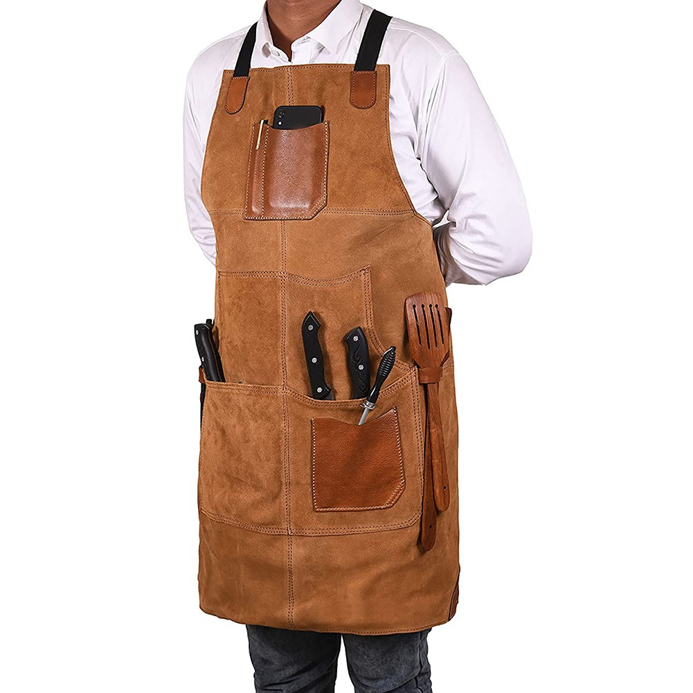 Adjustable doublesided fleece apron with PU leather contrast pockets for tools - Produktbild 4