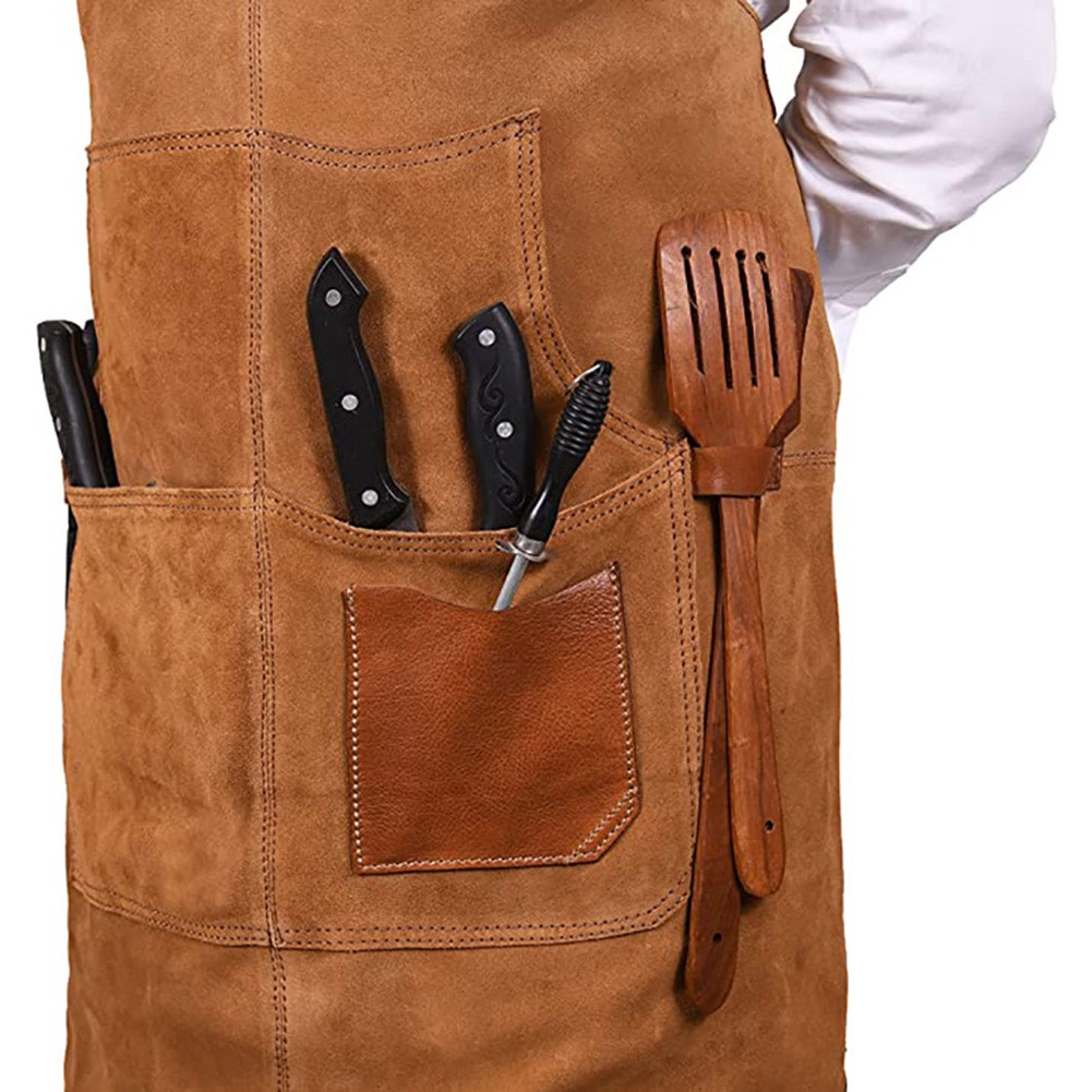 Adjustable doublesided fleece apron with PU leather contrast pockets for tools - Produktbild 1