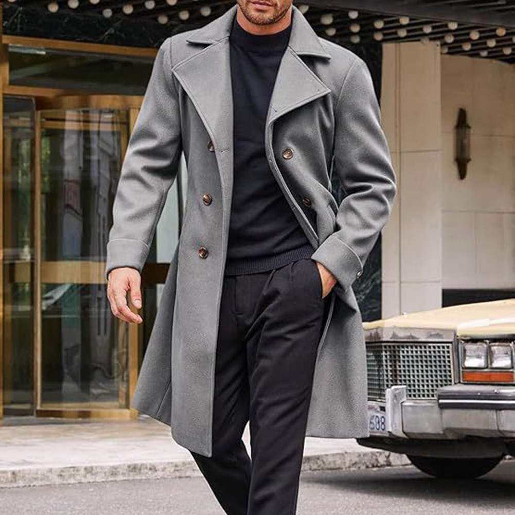 Herren Zweireihige Business Trench Jacke Mittellang Kunst Wolle Mantel Freizeit - Bild 15 von 25
