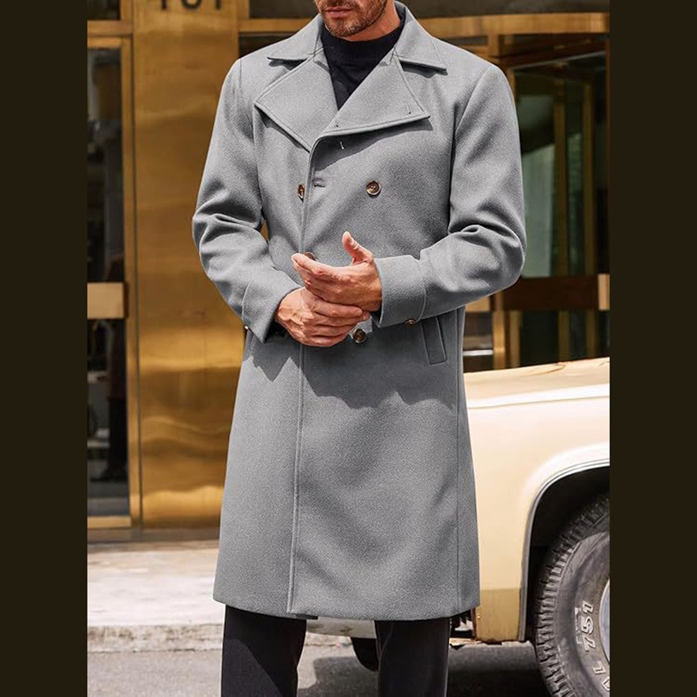 Herren Zweireihige Business Trench Jacke Mittellang Kunst Wolle Mantel Freizeit - Bild 17 von 25