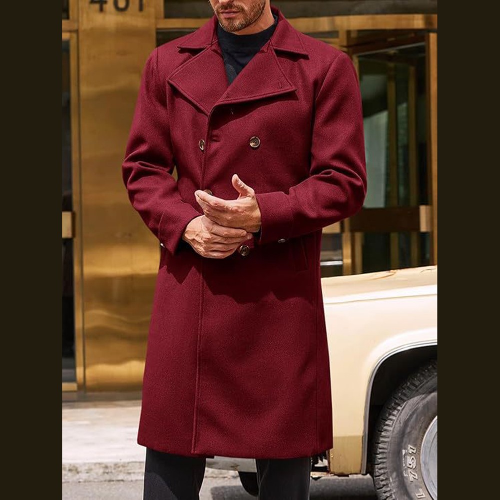 Herren Zweireihige Business Trench Jacke Mittellang Kunst Wolle Mantel Freizeit - Bild 13 von 25