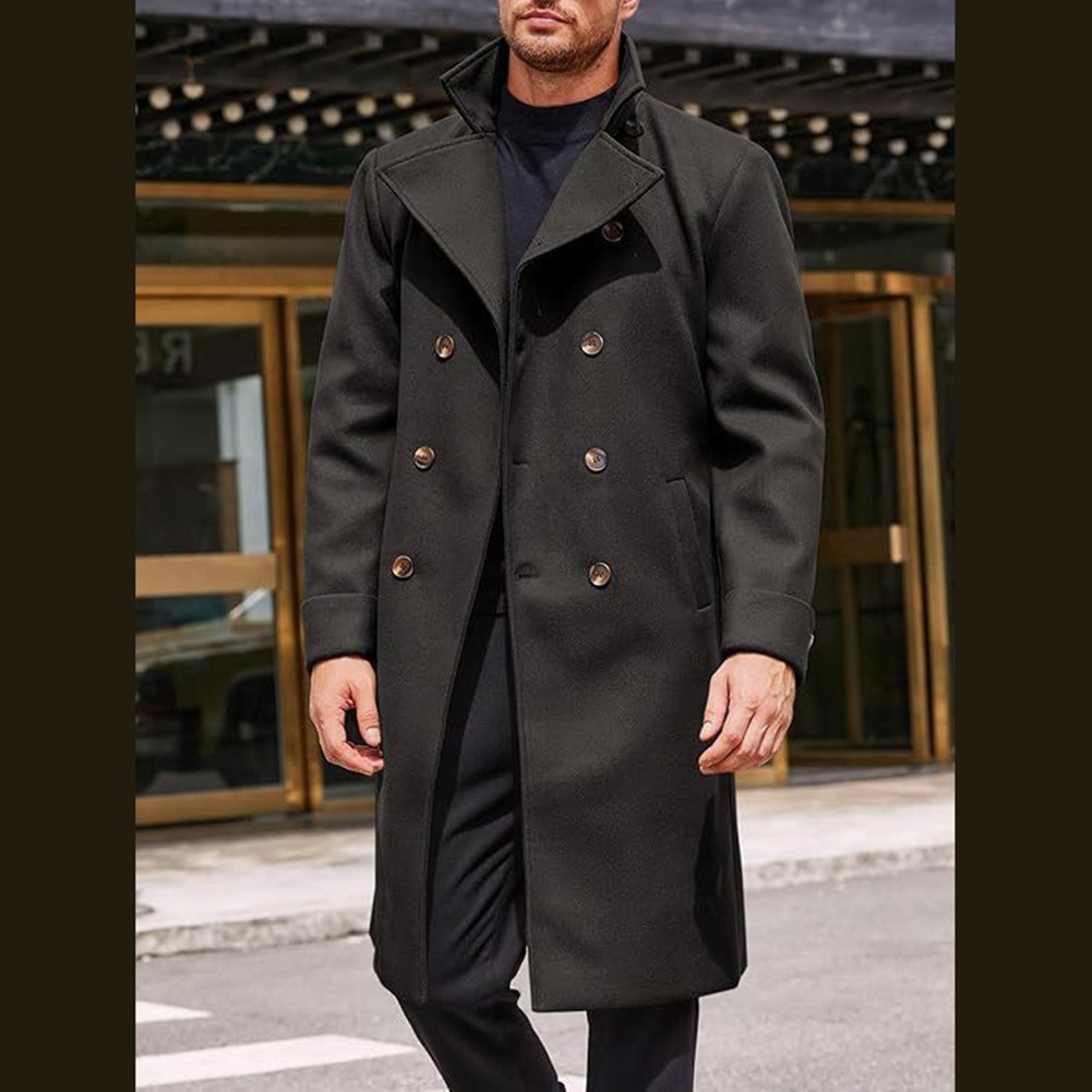 Herren Zweireihige Business Trench Jacke Mittellang Kunst Wolle Mantel Freizeit - Bild 22 von 25