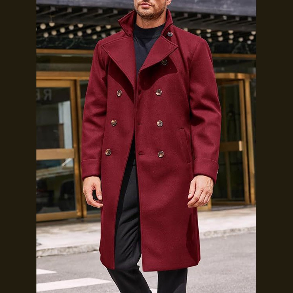 Herren Zweireihige Business Trench Jacke Mittellang Kunst Wolle Mantel Freizeit - Bild 11 von 25