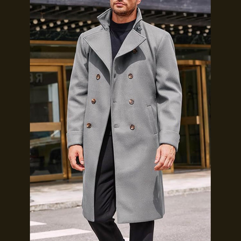 Herren Zweireihige Business Trench Jacke Mittellang Kunst Wolle Mantel Freizeit - Bild 16 von 25