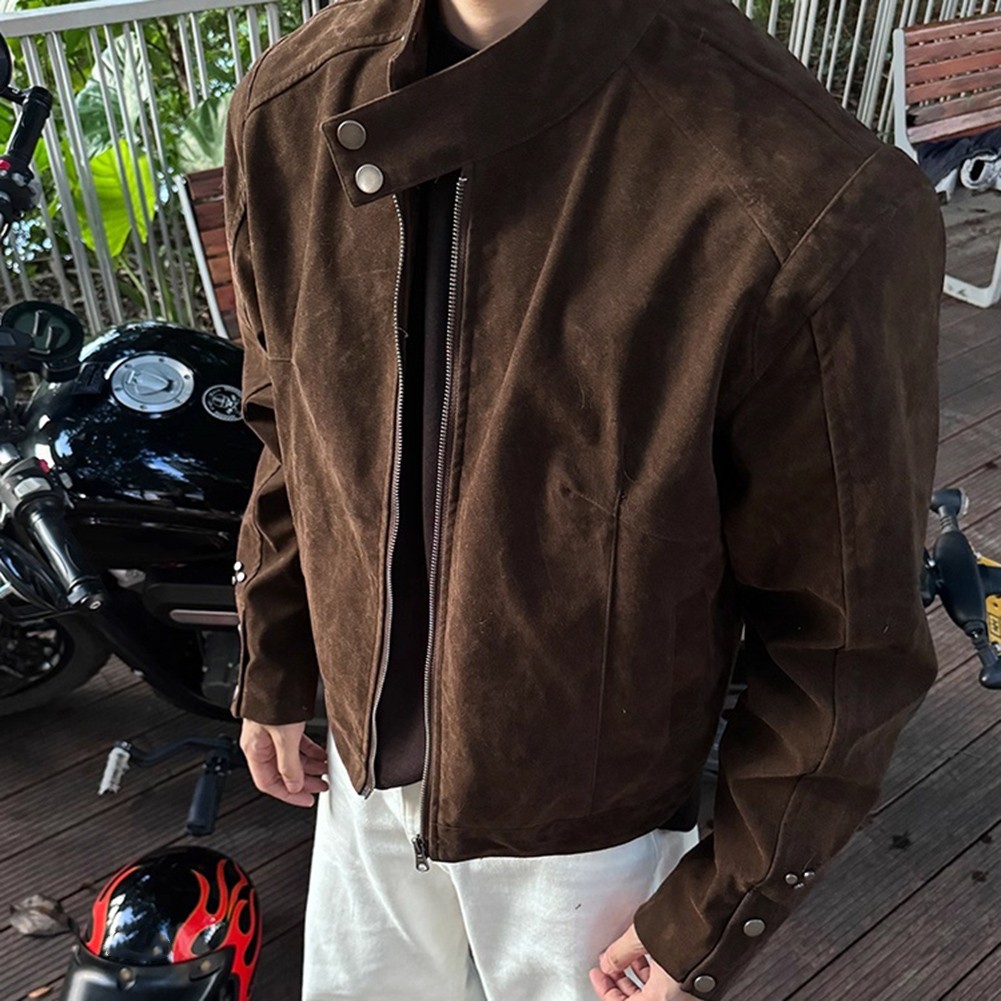 Men Loose Fit Faux Suede Cardigan Jacket For American Vintage Stand Collar - Picture 15 of 36