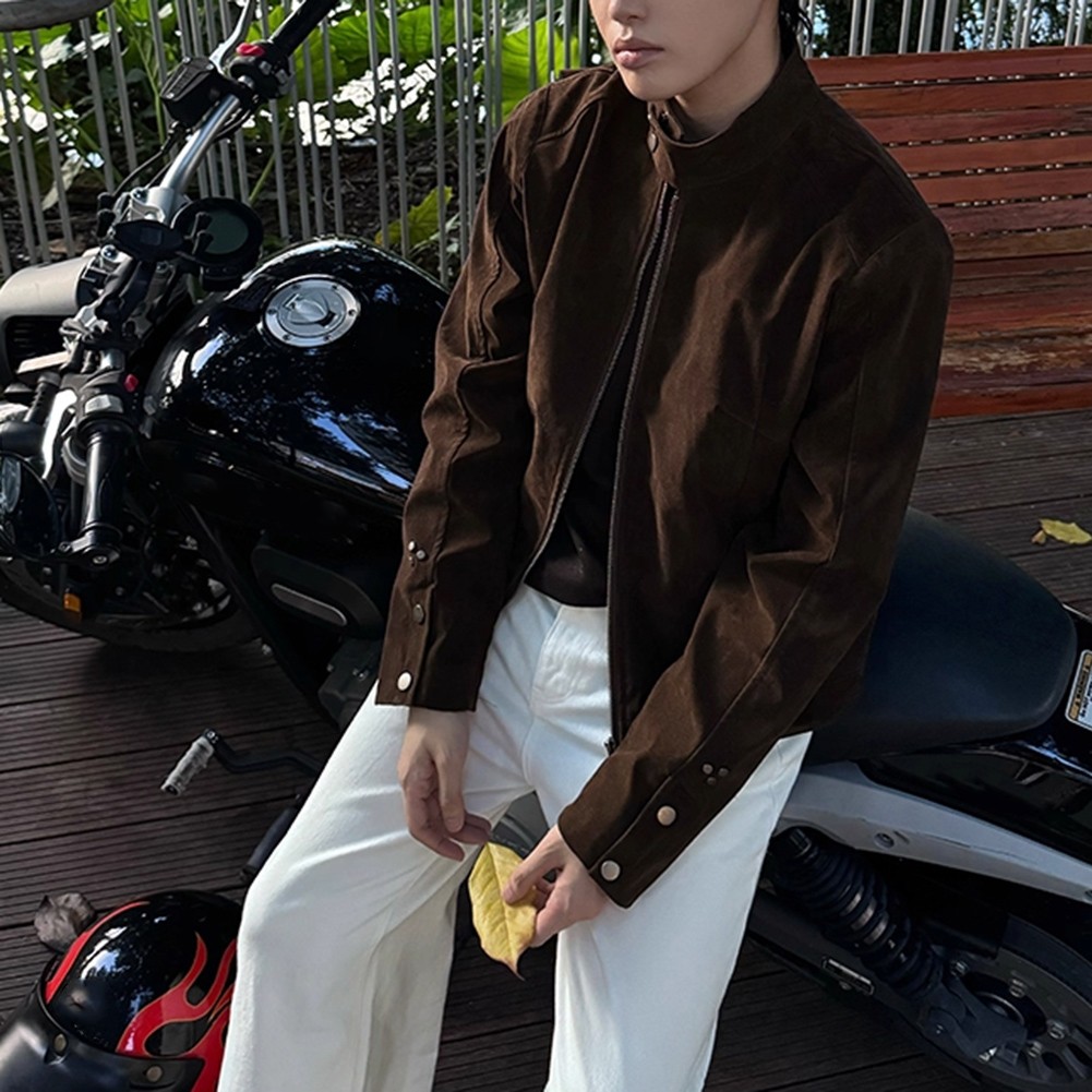 Men Loose Fit Faux Suede Cardigan Jacket For American Vintage Stand Collar - Picture 14 of 36