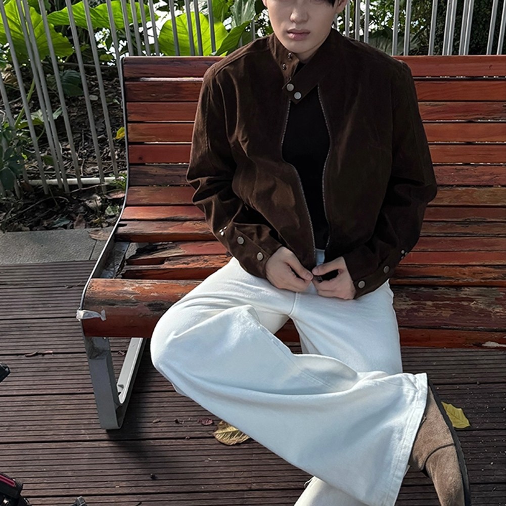 Men Loose Fit Faux Suede Cardigan Jacket For American Vintage Stand Collar - Picture 18 of 36