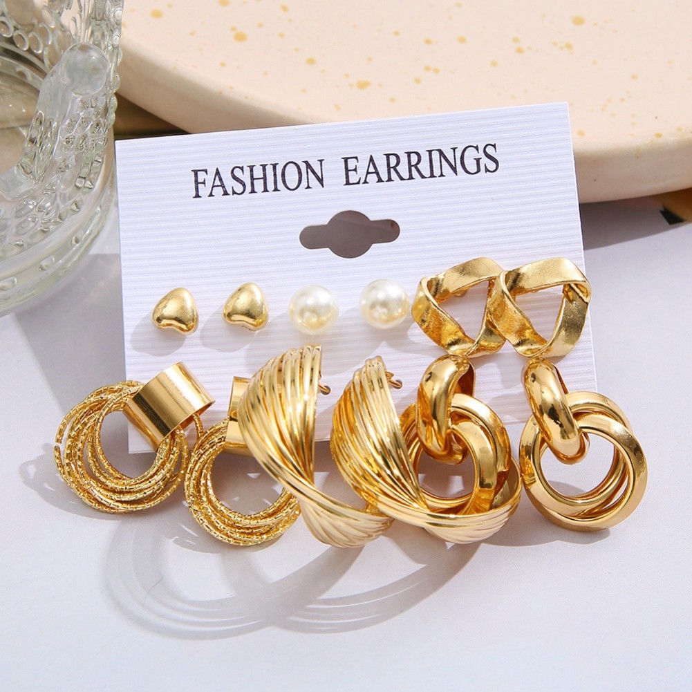 Orecchini oro moda set 6 pezzi geometrici stile punk metallo per donna - Foto 9 di 10