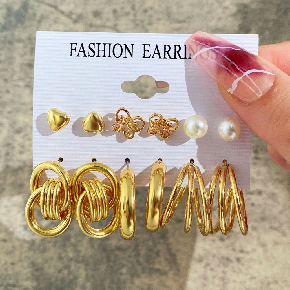Orecchini oro moda set 6 pezzi geometrici stile punk metallo per donna - Foto 8 di 10