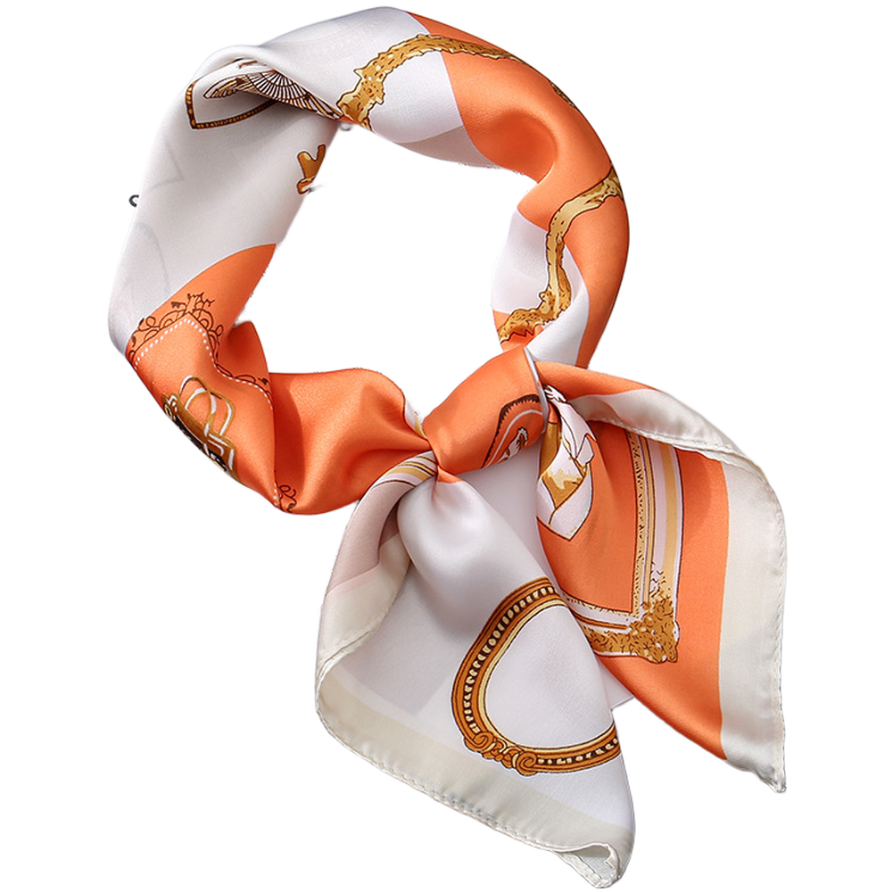 Small Square Silk Scarf Lightweight Orange Green Retro Neck Shawl 70 by 70 Cm - Picture 9 of 11
