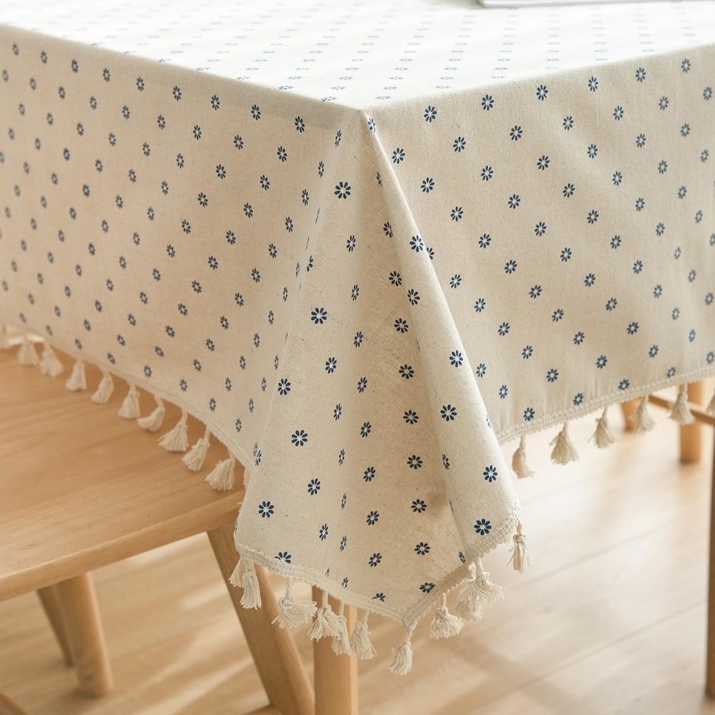 Rectangular Tablecloth 140x160cm Blue Daisy Print Polyester Cotton with Fringe - Picture 21 of 31